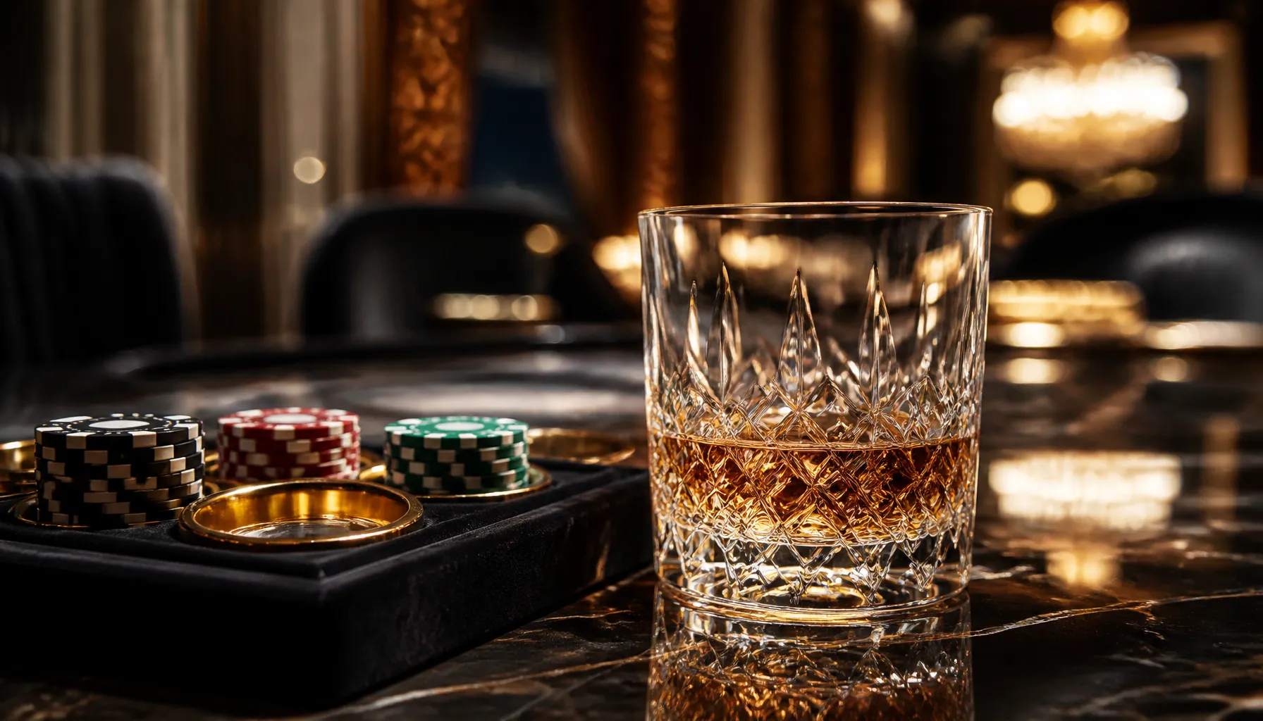 Cinematic close-up of gleaming gold coins scattered on deep emerald velvet, dramatic warm spotlight, premium casino luxury ae