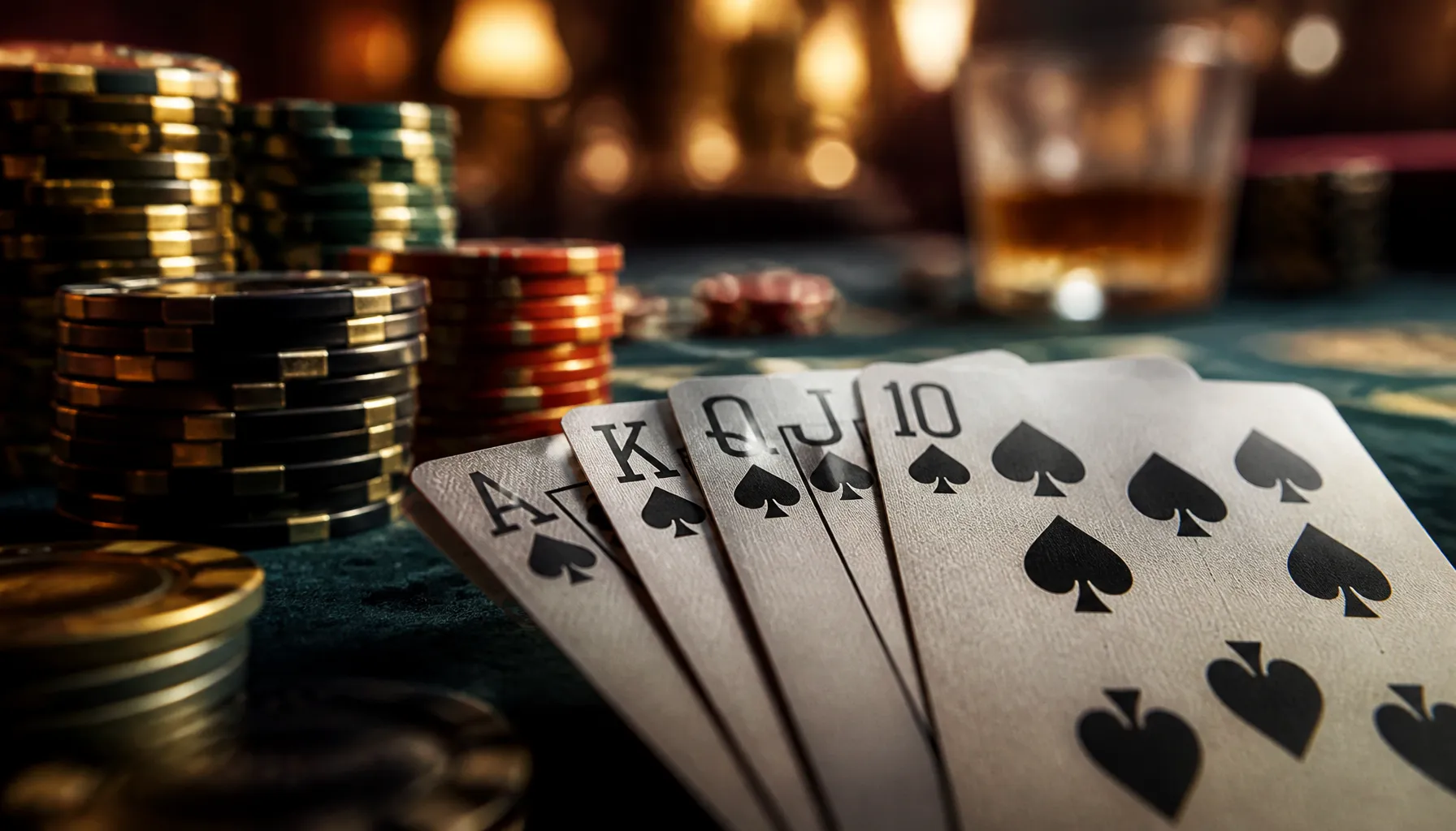 Cinematic close-up of gleaming gold coins scattered on deep emerald velvet, dramatic warm spotlight, premium casino luxury ae