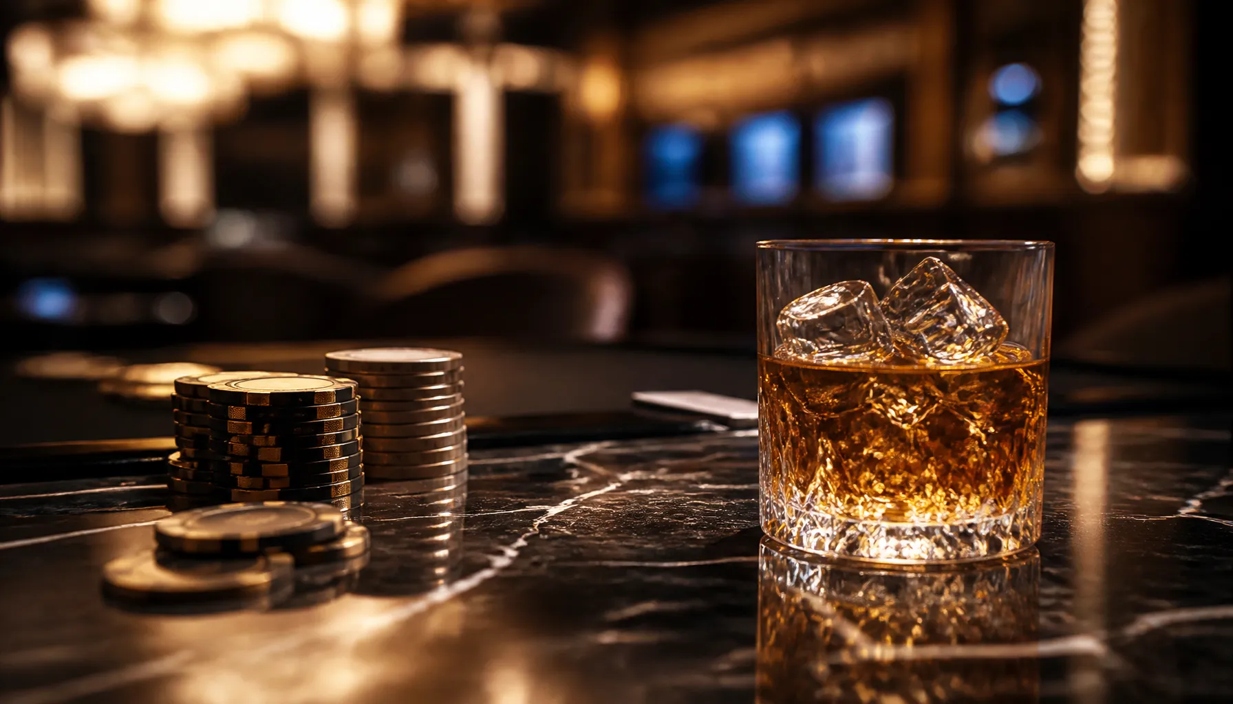 Gleaming gold coins and casino chips scattered on a dark velvet surface with dramatic warm cinematic lighting