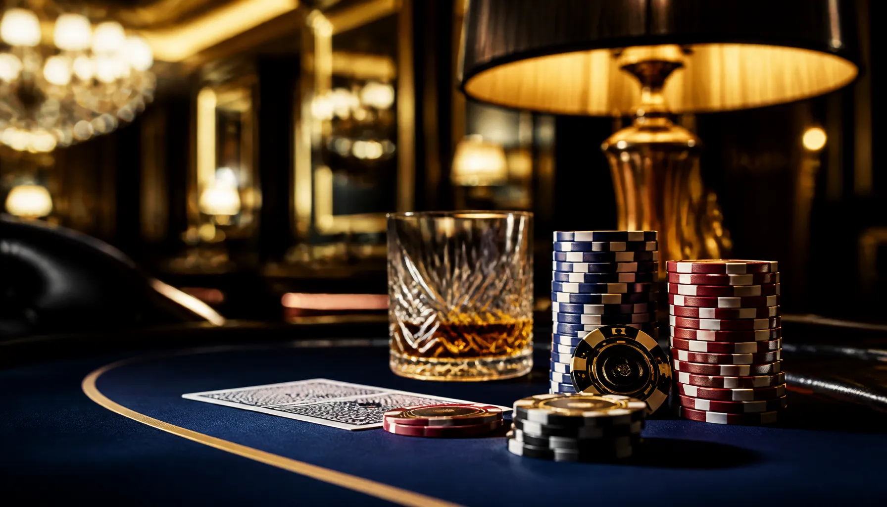 Gleaming gold coins and casino chips scattered on a dark velvet surface with dramatic warm cinematic lighting