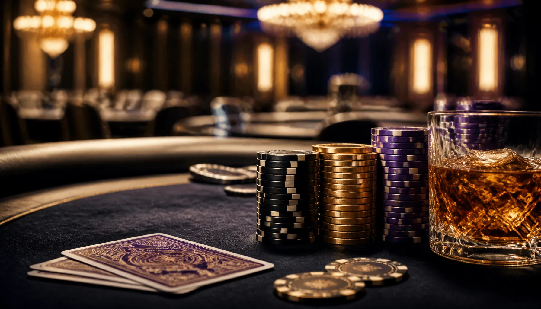 Gleaming gold coins and casino chips scattered on a dark velvet surface with dramatic warm cinematic lighting