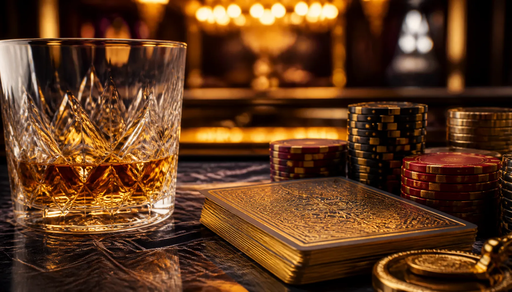 Gleaming gold coins and casino chips scattered on a dark velvet surface with dramatic warm cinematic lighting