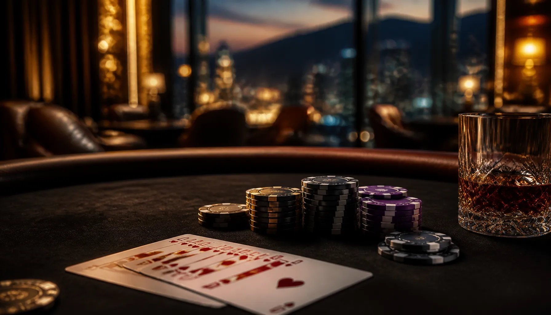 Gleaming gold coins and casino chips scattered on a dark velvet surface with dramatic warm cinematic lighting
