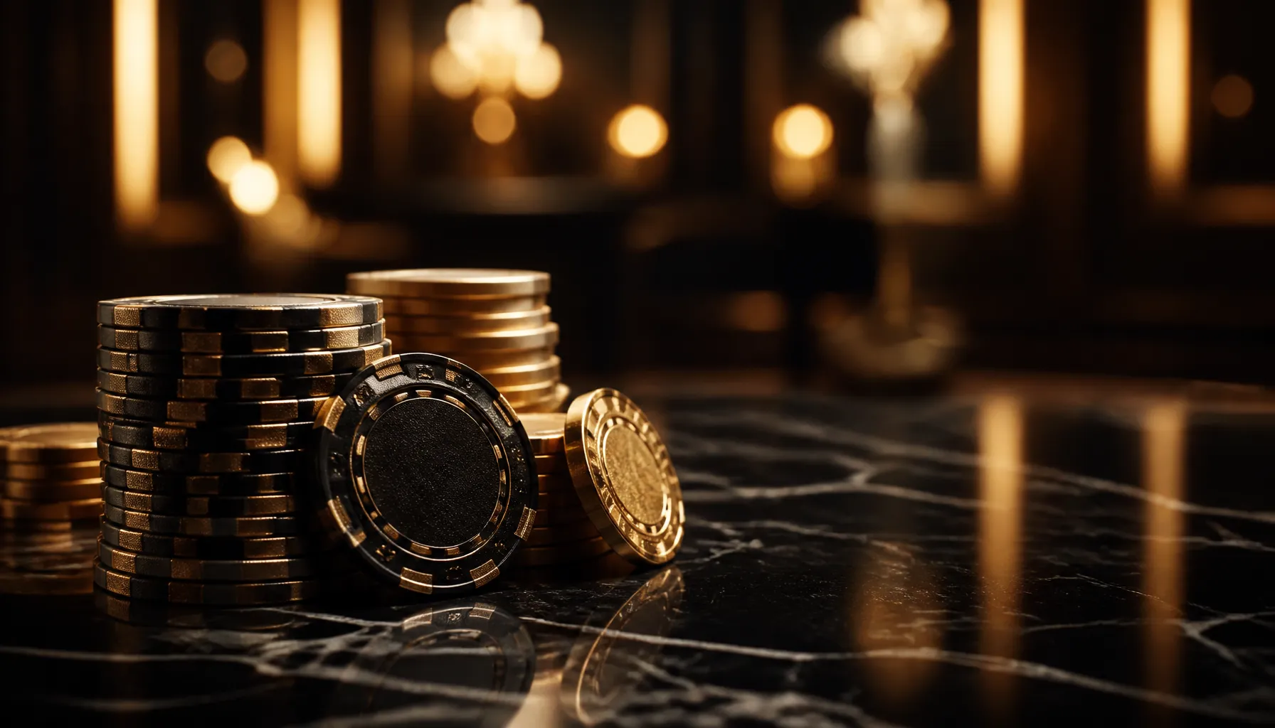 Gleaming gold coins and casino chips scattered on a dark velvet surface with dramatic warm cinematic lighting