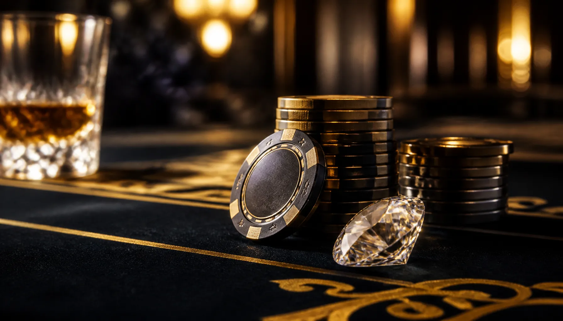 Gleaming gold coins and casino chips scattered on a dark velvet surface with dramatic warm cinematic lighting