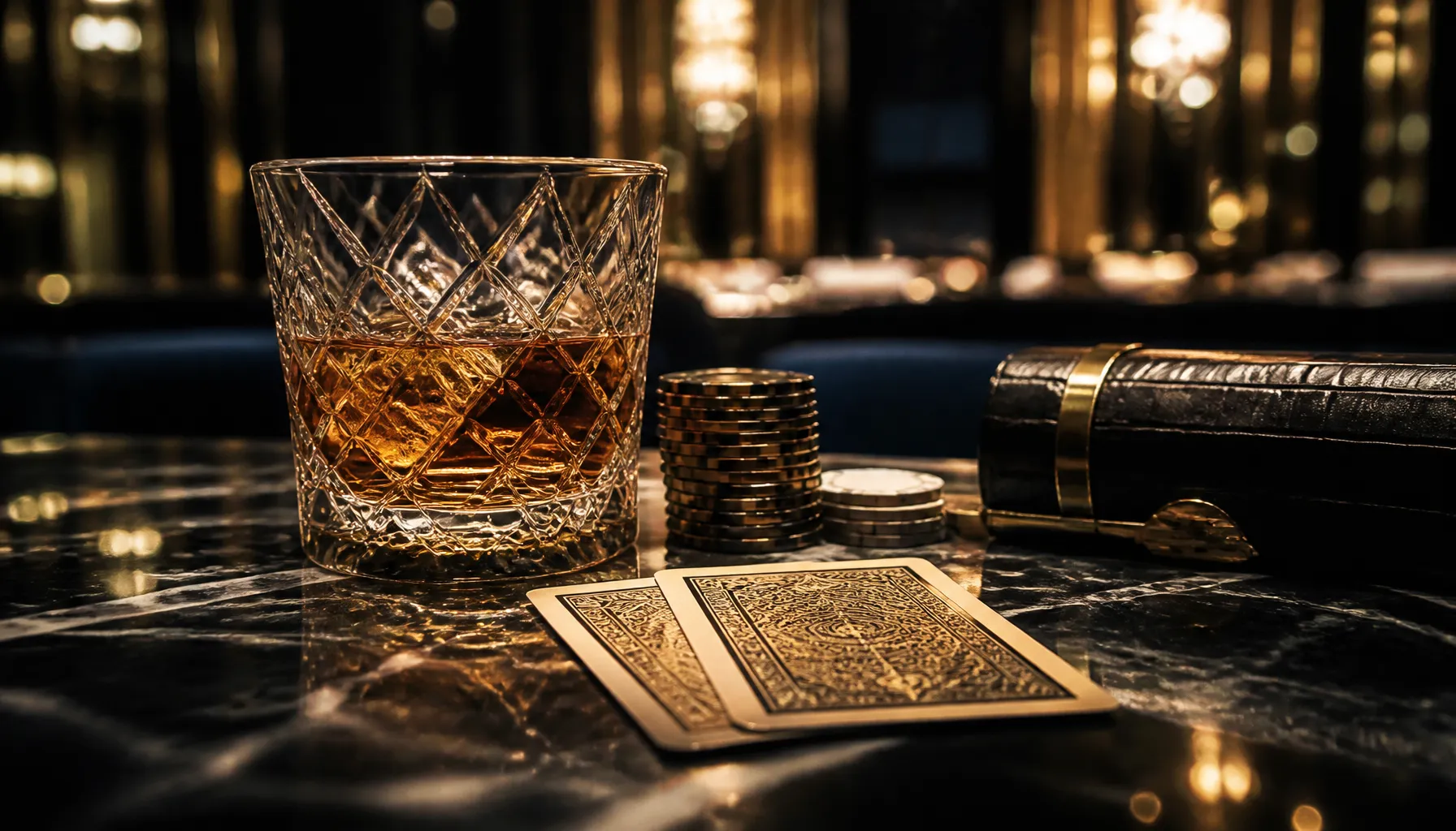 Gleaming gold coins and casino chips scattered on a dark velvet surface with dramatic warm cinematic lighting