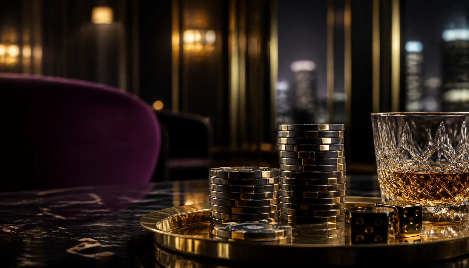 Golden trophy on deep green velvet surface with soft cinematic warm lighting evoking luxury casino winner atmosphere