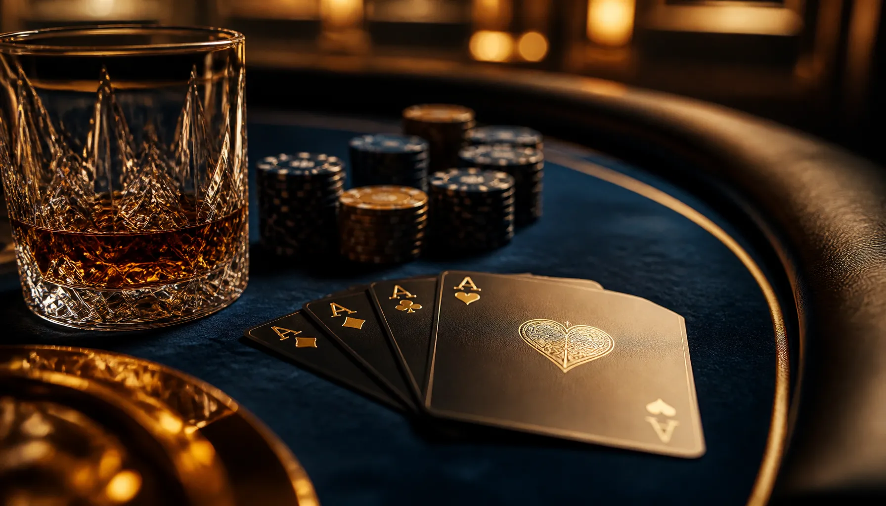 Golden trophy on deep green velvet surface with soft cinematic warm lighting evoking luxury casino winner atmosphere