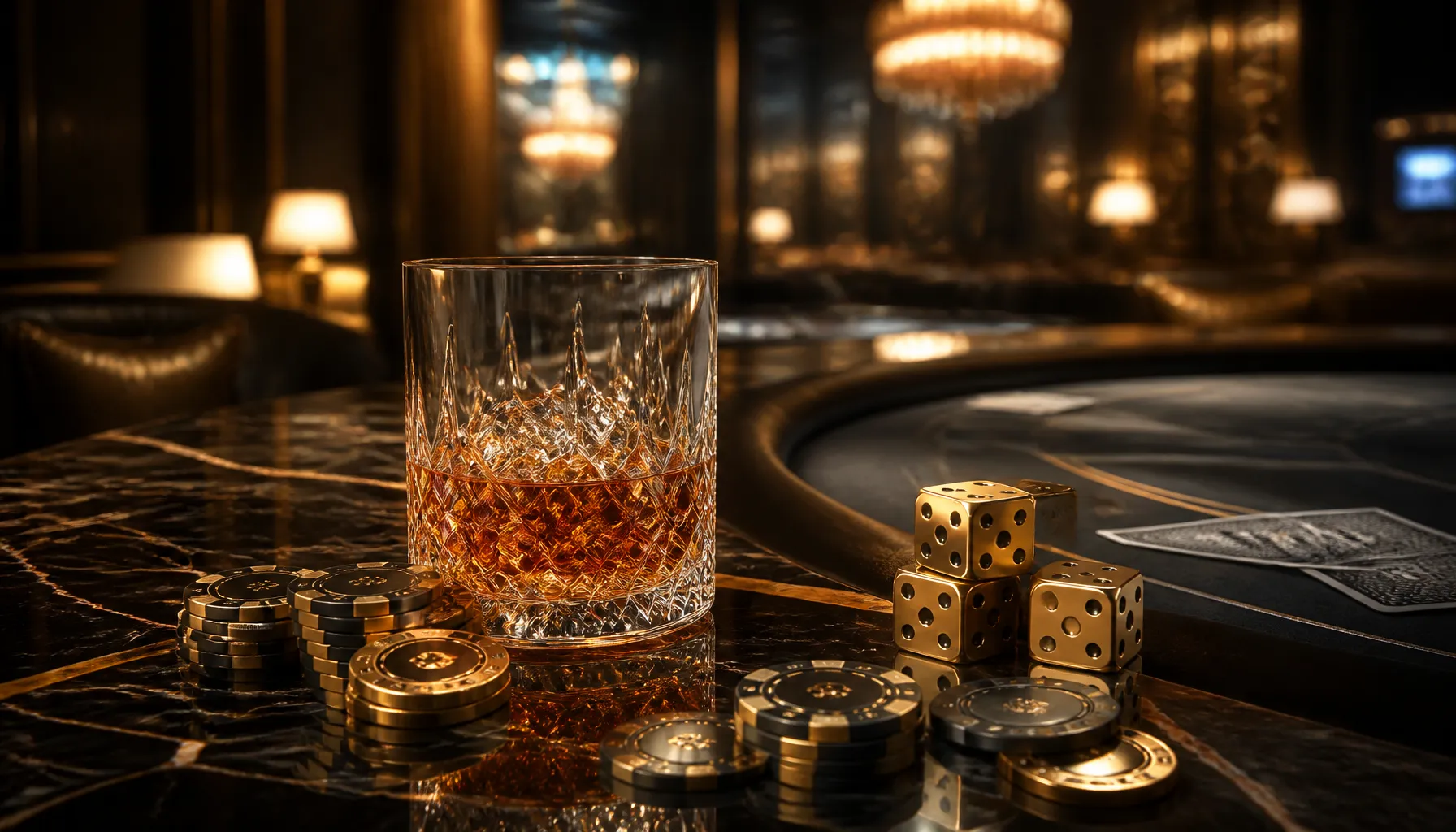 Golden trophy on deep green velvet surface with soft cinematic warm lighting evoking luxury casino winner atmosphere